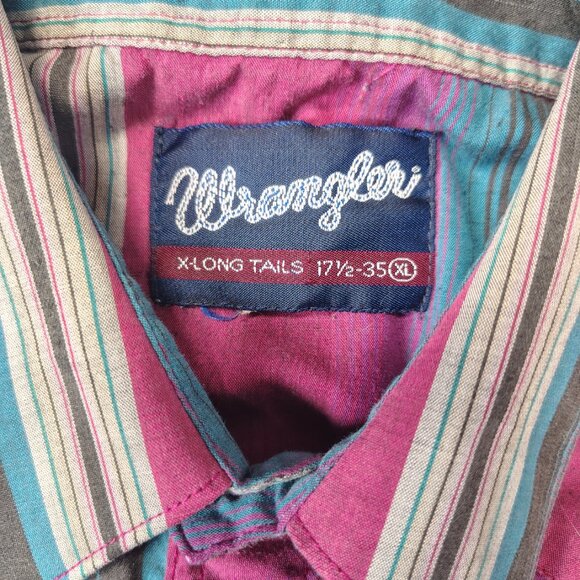 VINTAGE Wrangler Shirt Size XL 17.5x35 Pearl Snap Western Striped Long Sleeve - Picture 4 of 12
